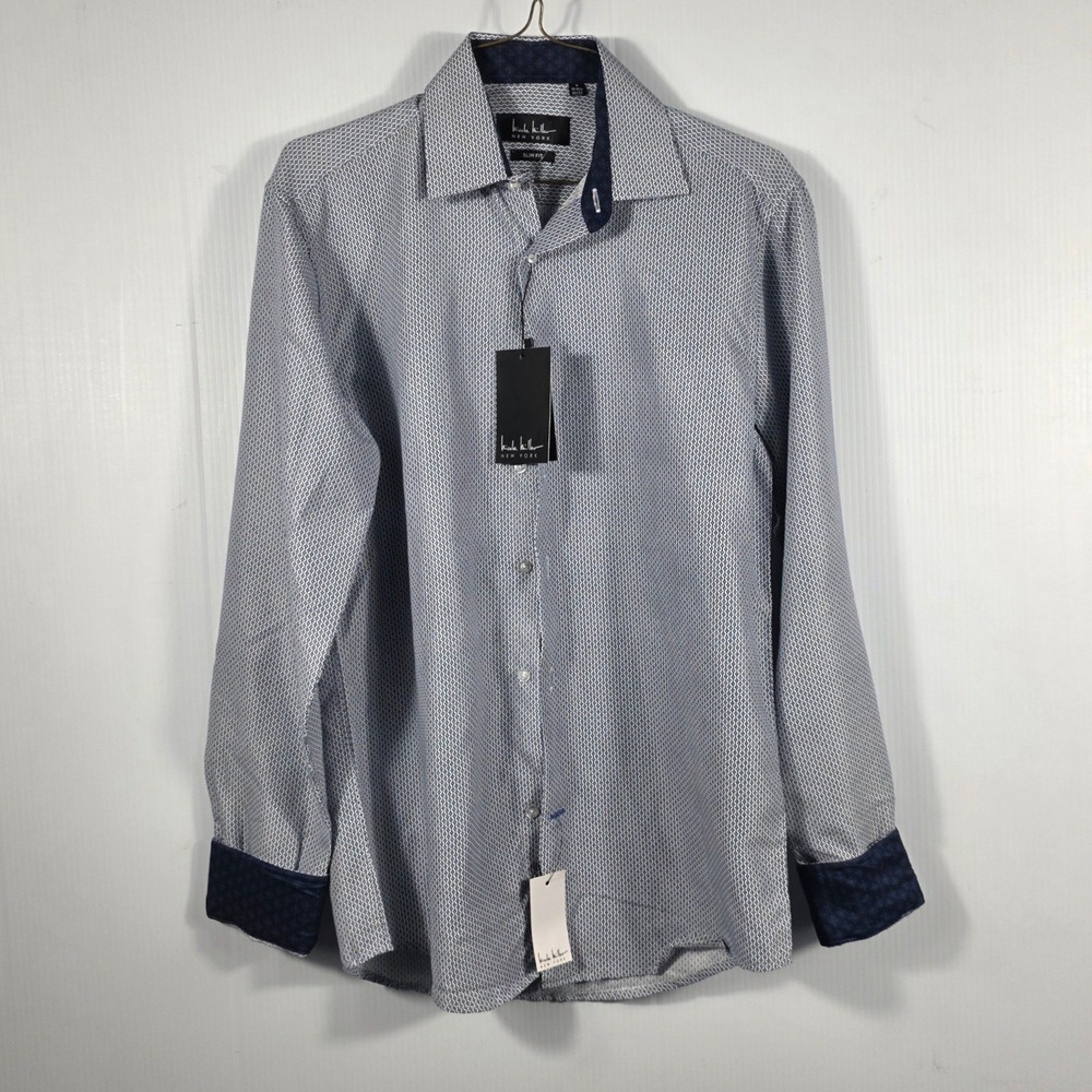 Nicole Miller New York Men Slim Fit Dress Shirt Blue Geometric Diamond Small NEW